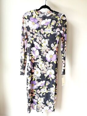 AFRM Sheer Floral Mesh Midi Dress Black Lilac Bodycon Long Sleeve NWT